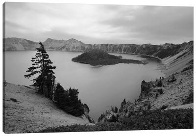 Serenity At Crater Lake In Black And White Canvas Art Print - Teal Production