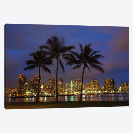 USA, Hawaii, Honolulu, Palm Trees with the night lights of Honolulu Canvas Print #TEG19} by Terry Eggers Canvas Print