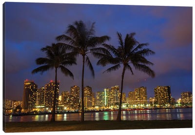 USA, Hawaii, Honolulu, Palm Trees with the night lights of Honolulu Canvas Art Print - Honolulu
