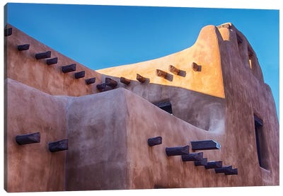 USA, New Mexico, Sant Fe, Adobe structure with protruding vigas and Snow Canvas Art Print - New Mexico Art