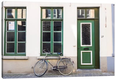 Belgium, Brugge. A bike against a brick wall in Bruges Canvas Art Print