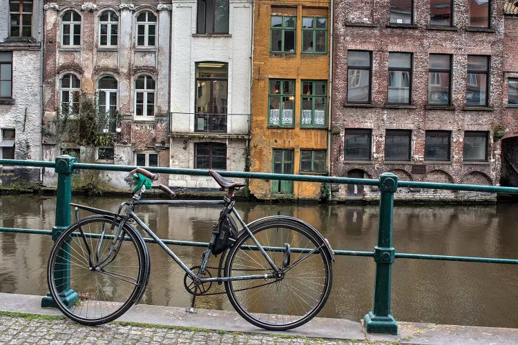 Bike along rail in the historic medieval city of Ghent