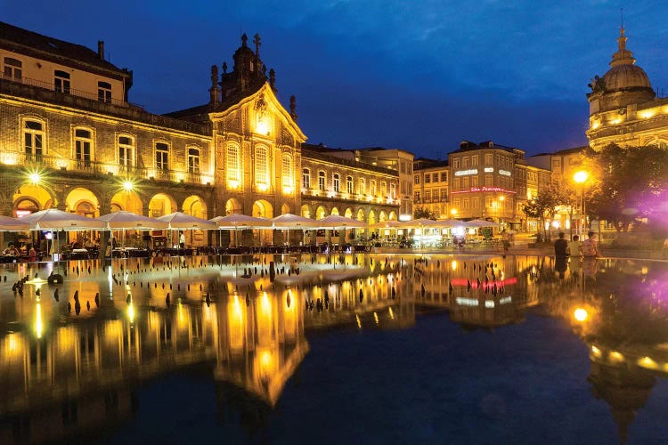 Portugal, Braga. Sunset along the sidewalk of cafe and town square at dusk, Praca da Republica by Terry Eggers wall art