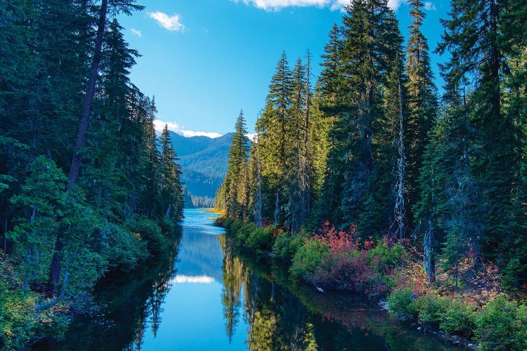 USA, Washington State. Cooper Lake in Central Washington. Cascade Mountains reflecting in calm waters.