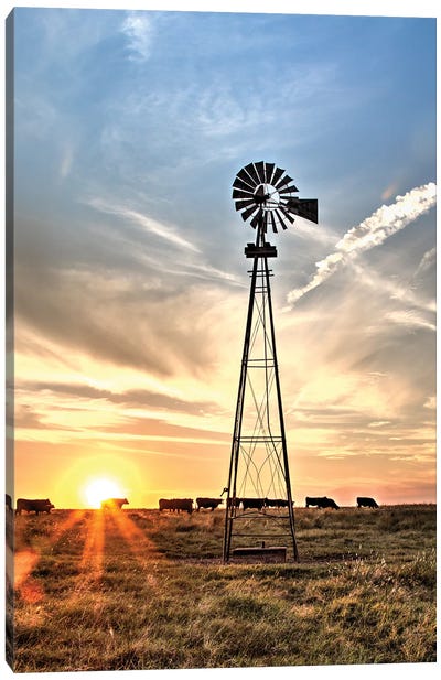 Windmill And Sunburst Big Pasture Canvas Art Print - Country Scenic Photography