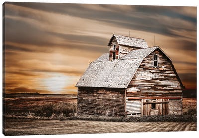 White Barn At Sunset Canvas Art Print - Country Scenic Photography
