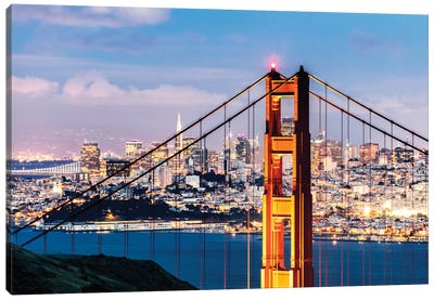 Tower Of Golden Gate Bridge At Dusk With Financial District In The Background, San Francisco, California, USA Canvas Art Print - Famous Architecture & Engineering