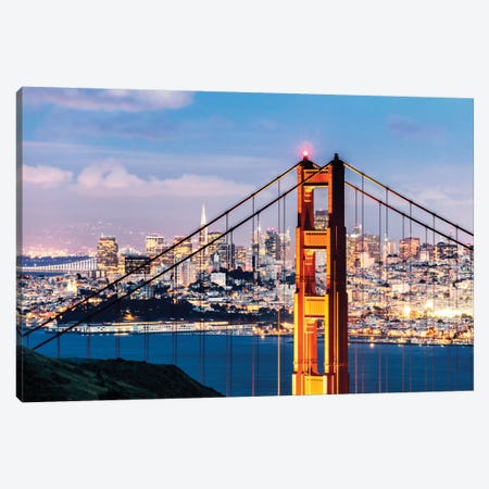 Tower Of Golden Gate Bridge At Dusk With Financial District In The Background, San Francisco, California, USA Canvas Print #TEO104} by Matteo Colombo Canvas Art
