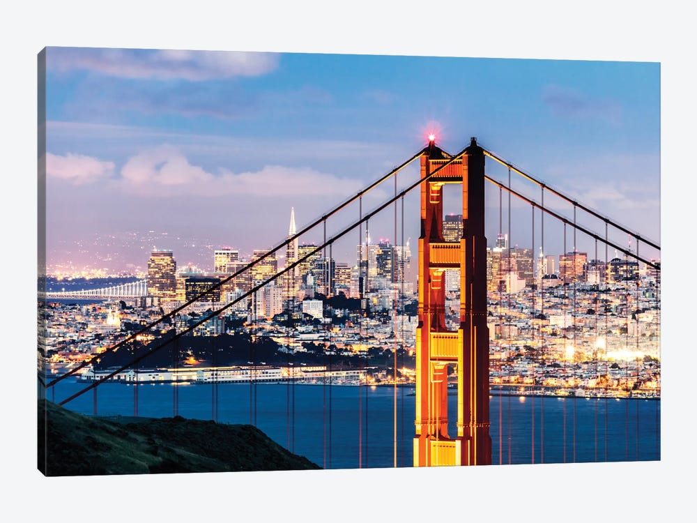 Tower Of Golden Gate Bridge At Dusk With Financial District In The Background, San Francisco, California, USA by Matteo Colombo 1-piece Art Print