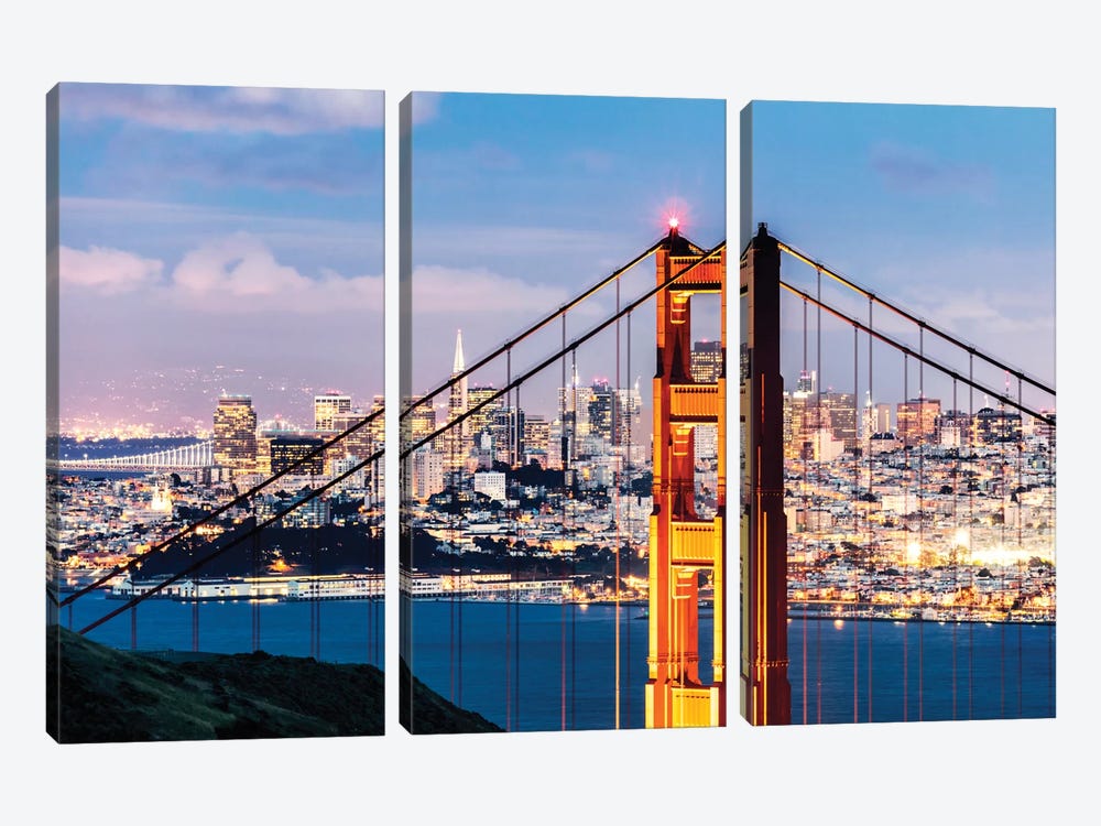 Tower Of Golden Gate Bridge At Dusk With Financial District In The Background, San Francisco, California, USA by Matteo Colombo 3-piece Canvas Print