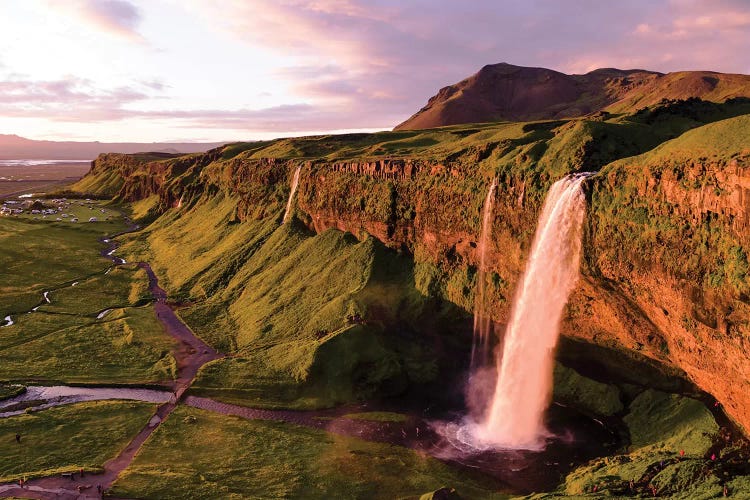 Aerial Of Seljalandsfoss Waterfall At Midnight, Iceland