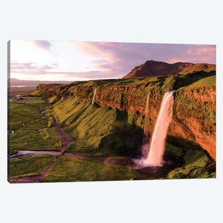 Aerial Of Seljalandsfoss Waterfall At Midnight, Iceland Canvas Print #TEO110} by Matteo Colombo Canvas Artwork