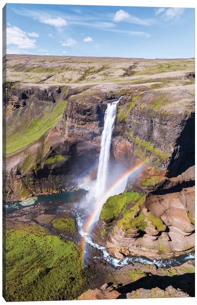 Aerial View Of Mighty Waterfall In Iceland Canvas Art Print - Rainbow Art