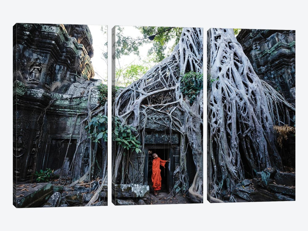 Monk At Angkor, Cambodia by Matteo Colombo 3-piece Canvas Wall Art