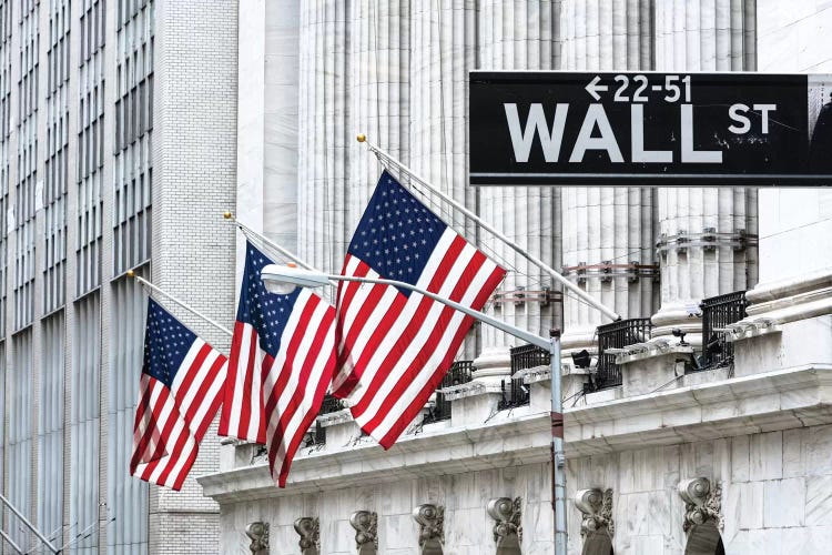 American Flags & Wall Street Signage, New York Stock Exchange, Financial District, Lower Manhattan, New York City, New York, USA