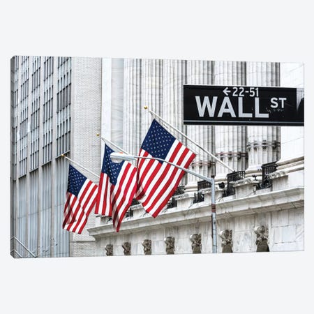 American Flags & Wall Street Signage, New York Stock Exchange, Financial District, Lower Manhattan, New York City, New York, USA Canvas Print #TEO11} by Matteo Colombo Art Print