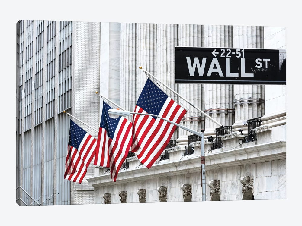 American Flags & Wall Street Signage, New York Stock Exchange, Financial District, Lower Manhattan, New York City, New York, USA by Matteo Colombo 1-piece Canvas Artwork