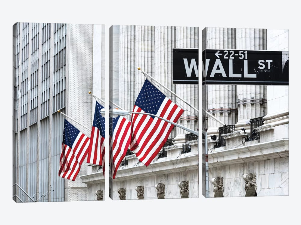 American Flags & Wall Street Signage, New York Stock Exchange, Financial District, Lower Manhattan, New York City, New York, USA 3-piece Canvas Art