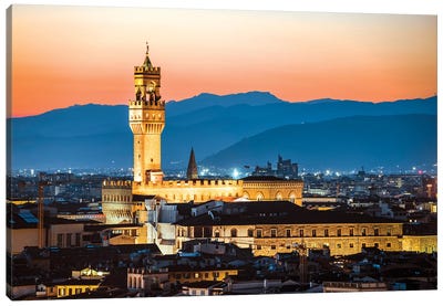 Palazzo Vecchio And Florence At Dusk Canvas Art Print - Tuscany Art