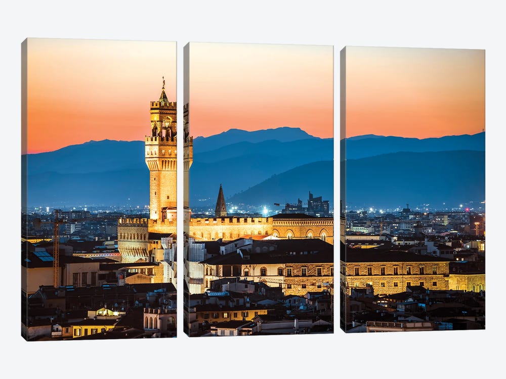 Palazzo Vecchio And Florence At Dusk by Matteo Colombo 3-piece Canvas Wall Art