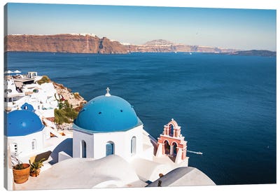 Santorini And The Blue Aegean Sea Canvas Art Print - Churches & Places of Worship