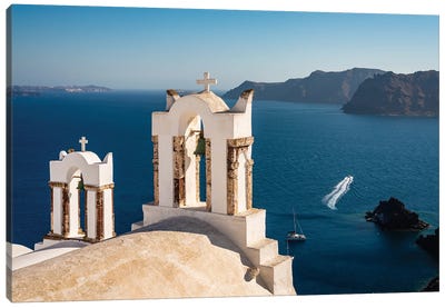Bell Tower And Blue Sea, Santorini Canvas Art Print - Famous Places of Worship