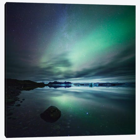 Aurora Borealis (Northern Lights) Over Glacial Lagoon, Iceland Canvas Print #TEO13} by Matteo Colombo Canvas Art Print