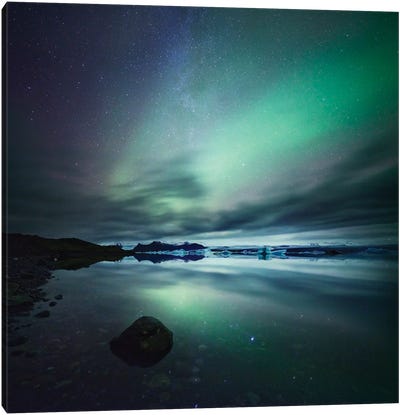 Aurora Borealis (Northern Lights) Over Glacial Lagoon, Iceland Canvas Art Print - Iceland Art