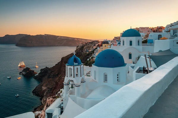 Blue Domed Church Santorini: Colorful Sunset In Oia, Santorini by Matteo Colombo
