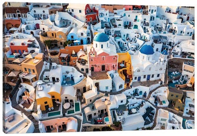 Blue Domes And Colorful Houses, Santorini Canvas Art Print - Famous Places of Worship
