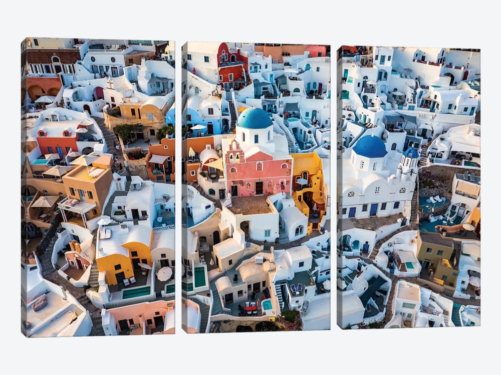 Blue Domes And Colorful Houses, Santorini by Matteo Colombo 3-piece Canvas Print