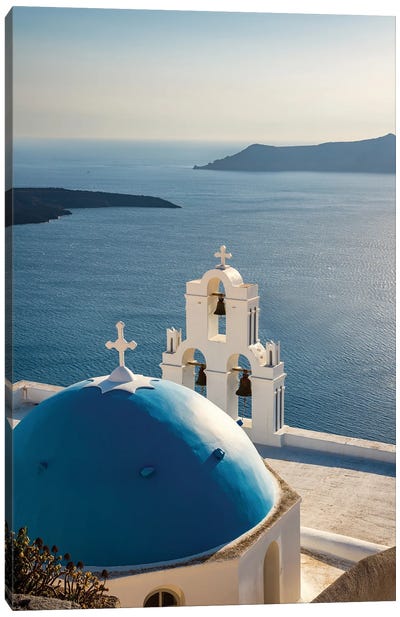 Church And Blue Sea, Santorini Canvas Art Print - Dome Art