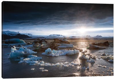 Midnight Sun On The Glacial Lagoon, Iceland Canvas Art Print - Glacier & Iceberg Art
