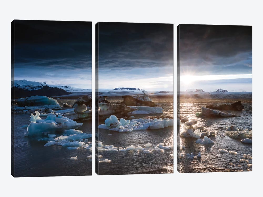 Midnight Sun On The Glacial Lagoon, Iceland 3-piece Canvas Art
