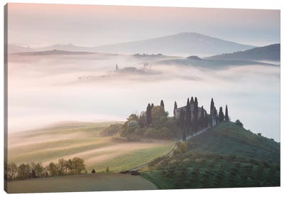 Misty Sunrise Over Farmhouse, Tuscany, Italy Canvas Art Print - Country Scenic Photography