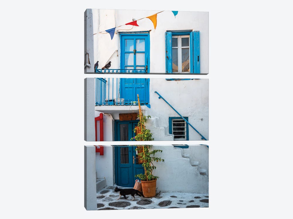 Cat In The Old Town, Mykonos, Greece by Matteo Colombo 3-piece Canvas Wall Art