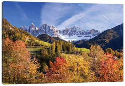 Autumn Landscape I, Odle/Geisler Group, Dolomites, Val di Funes, South Tyrol Province, Italy Canvas Art Print - Autumn Art