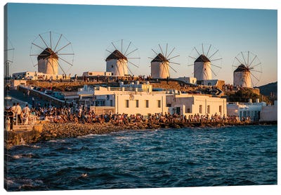Windmills At Sunset, Mykonos, Greece Canvas Art Print - Watermill & Windmill Art