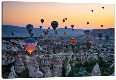 Balloons At Sunrise In Cappadocia, Turkey Canvas Art Print - Hot Air Balloon Art