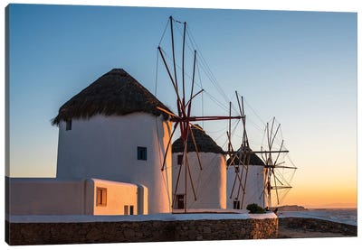 Sunset On The Windmills, Mykonos, Greece Canvas Art Print - Watermill & Windmill Art