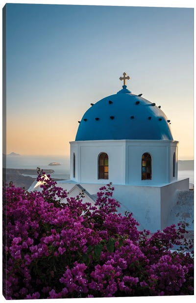 Santorini Church At Sunset Canvas Art Print - Famous Places of Worship