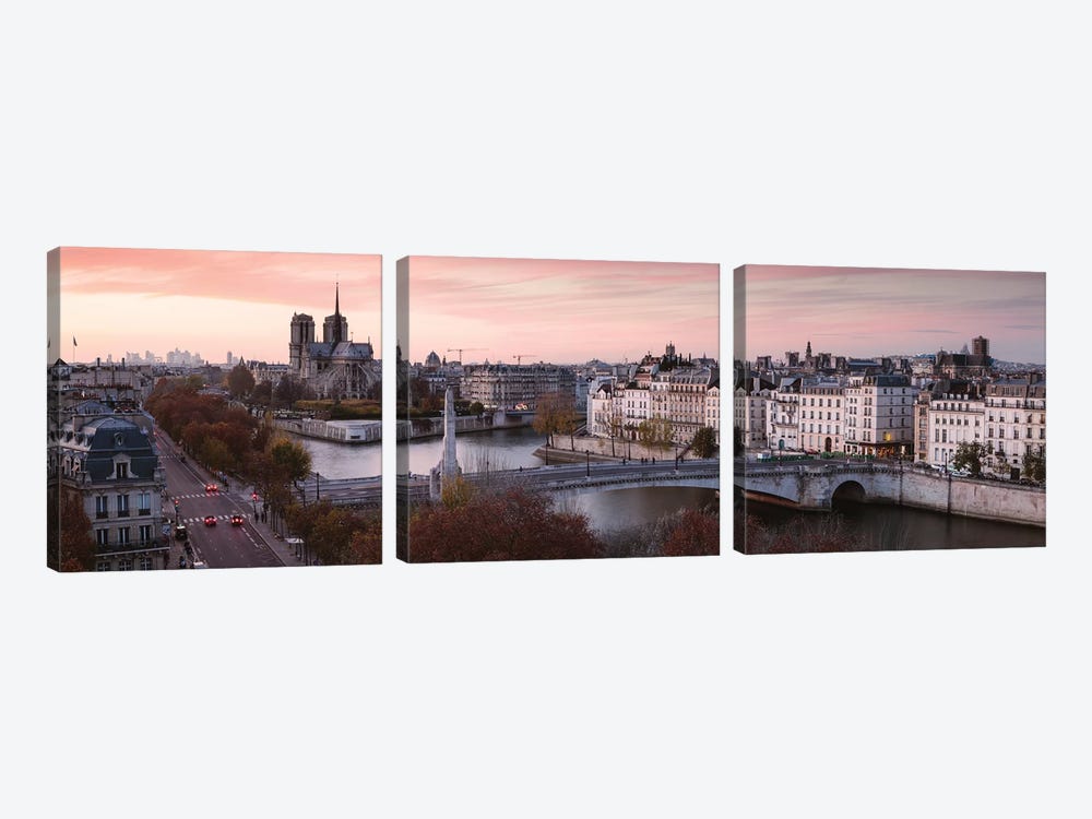 Panoramic Sunset Over The River Seine, Paris by Matteo Colombo 3-piece Canvas Wall Art