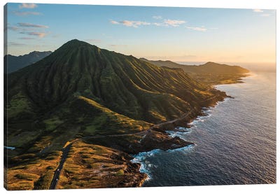 Sunrise On Oahu Coastline, Hawaii I Canvas Art Print - Mountains Scenic Photography