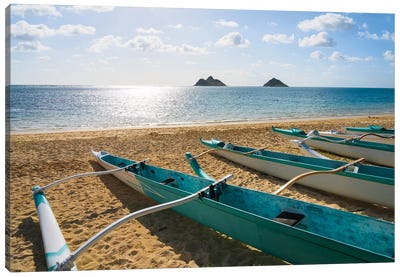 Canoes Lined Up At The Beach, Hawaii Canvas Art Print - Oahu