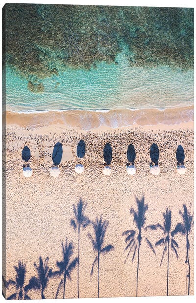 Aerial View Of Waikiki Beach With Sunshades, Hawaii Canvas Art Print - Oahu