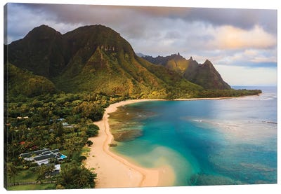 Aerial View Of Tunnels Beach And Coastline, Kauai, Hawaii Canvas Art Print - Aerial Photography
