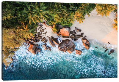 Tropical Beach Aerial At Sunset, Seychelles Canvas Art Print - Aerial Photography