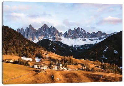 Sunset Over Village In The Dolomites Canvas Art Print - Veneto Art