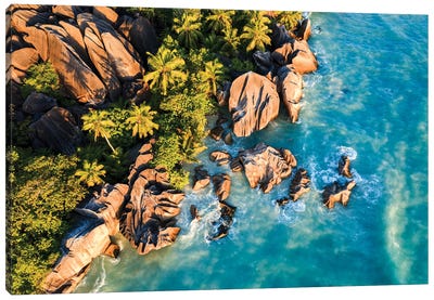Sunset On The Coast Of La Digue Island, Seychelles Canvas Art Print - Aerial Beaches 
