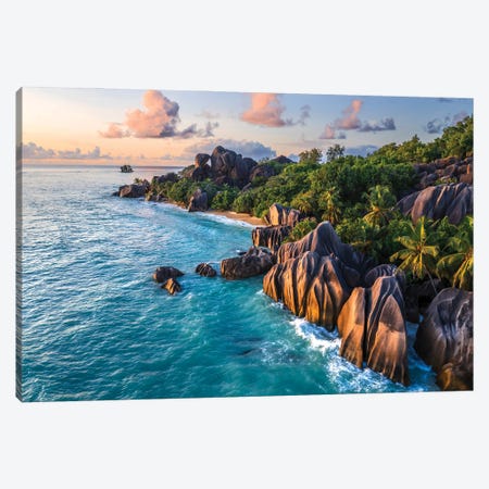 Sunset At Anse Source D'Argent Beach, La Digue, Seychelles Canvas Print #TEO1691} by Matteo Colombo Canvas Wall Art